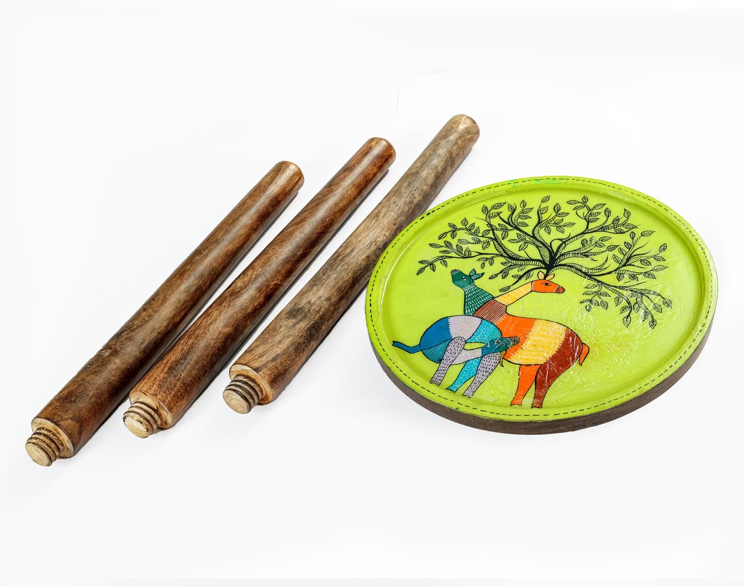 Aarunya Mango Wood Side Stool – Gond Art Green Base (Deer)