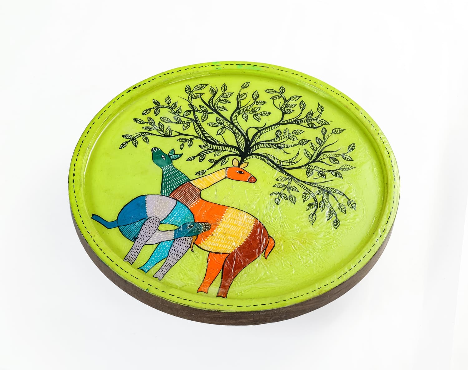 Aarunya Mango Wood Side Stool – Gond Art Green Base (Deer)