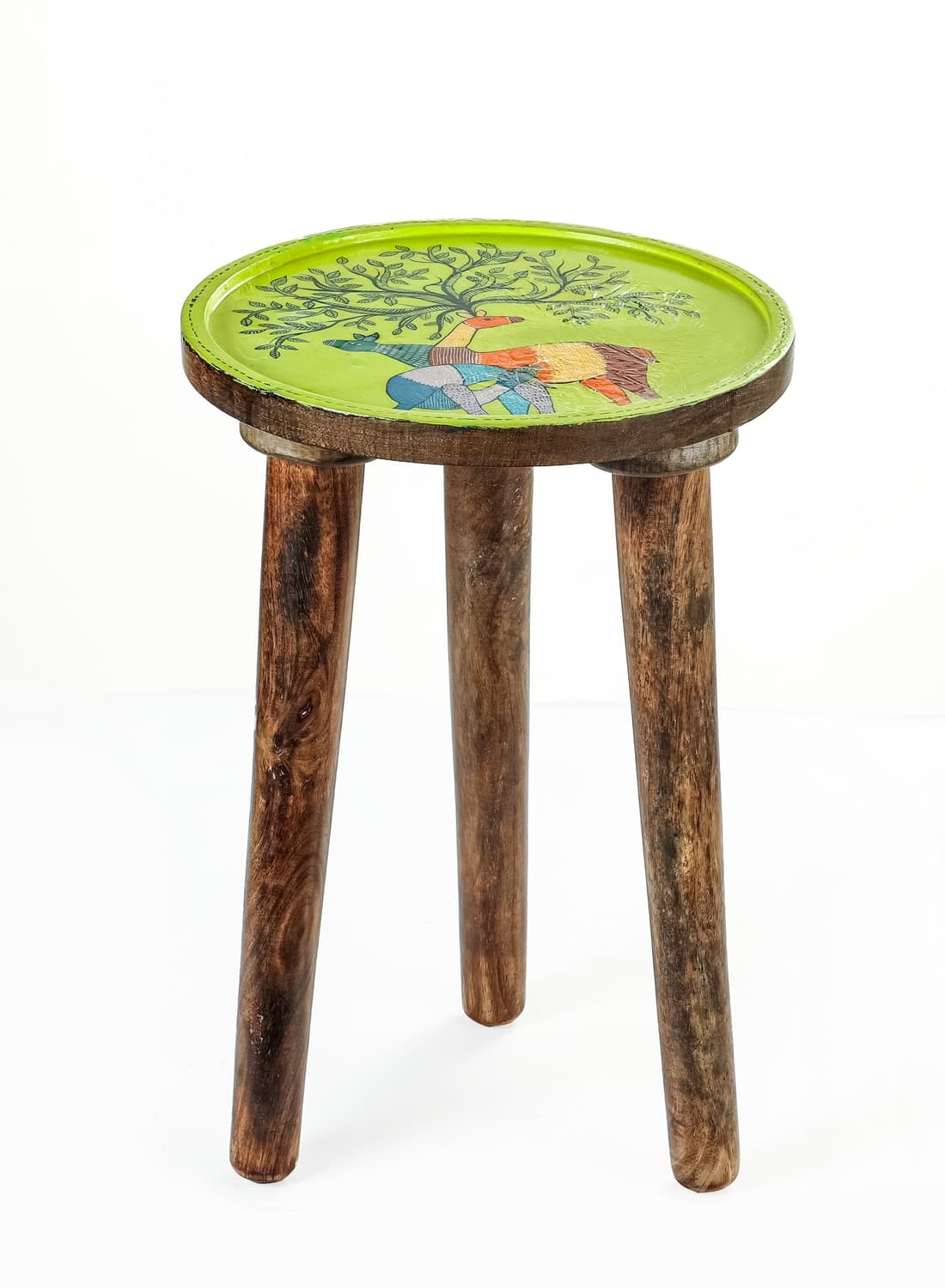 Aarunya Mango Wood Side Stool – Gond Art Green Base (Deer)