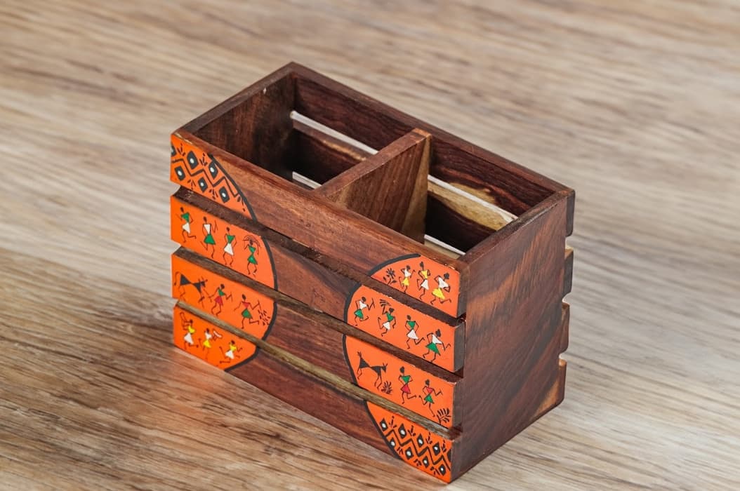 Aalokya Teak Wood Cutlery Holder – Worli Orange (Small)