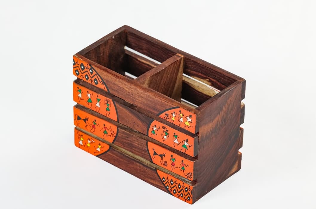 Aalokya Teak Wood Cutlery Holder – Worli Orange (Small)