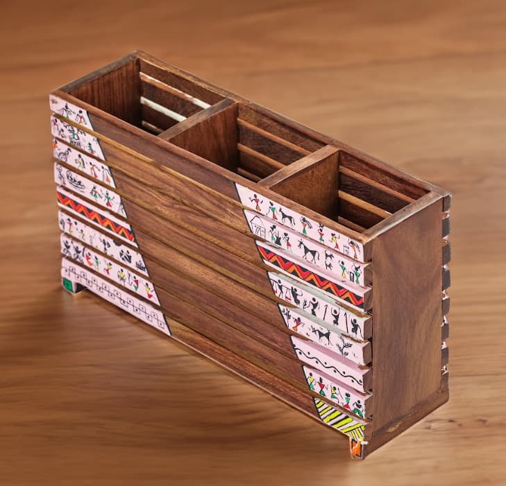 Aalokya Teak Wood Cutlery Holder – Worli White (Big)