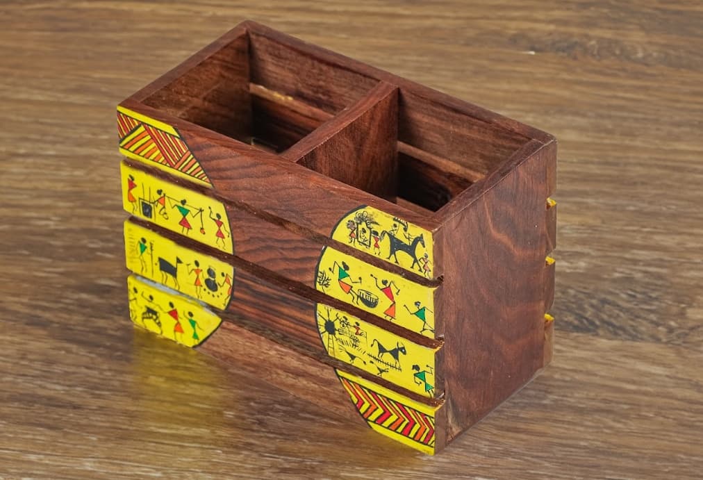 Aalokya Teak Wood Cutlery Holder – Worli Yellow (Big)