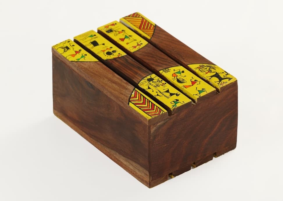 Aalokya Teak Wood Cutlery Holder – Worli Yellow (Big)
