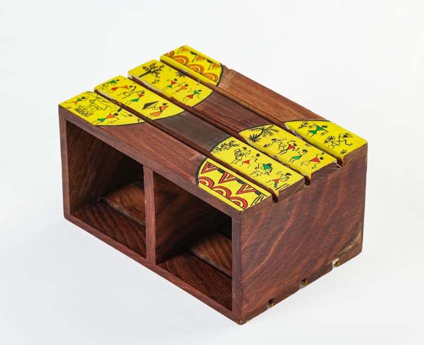 Aalokya Teak Wood Cutlery Holder – Worli Yellow (Big)