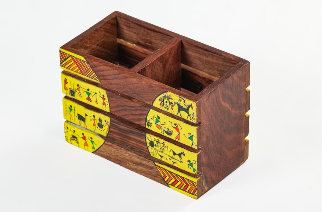 Aalokya Teak Wood Cutlery Holder – Worli Yellow (Big)