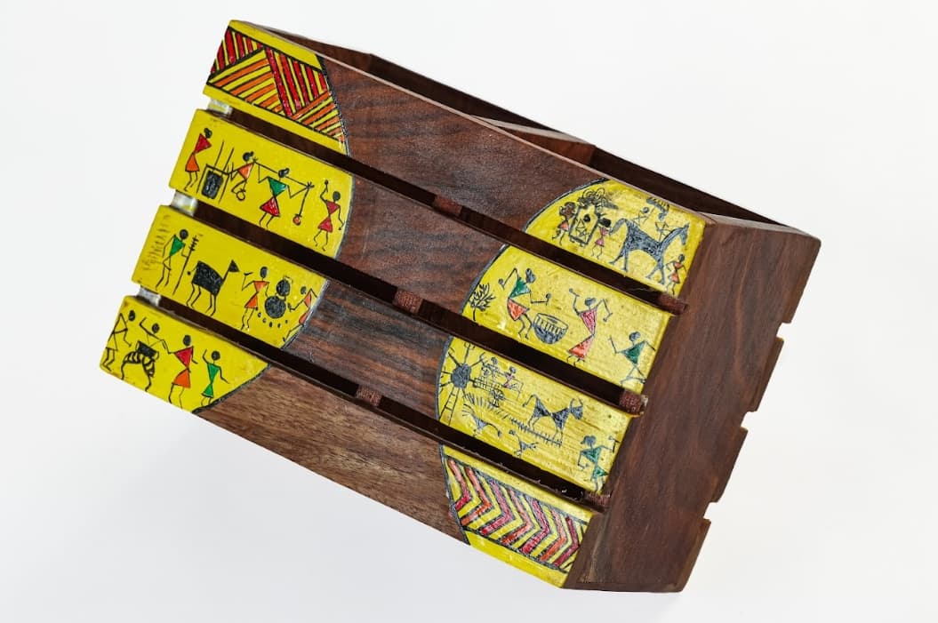 Aalokya Teak Wood Cutlery Holder – Worli Yellow (Big)