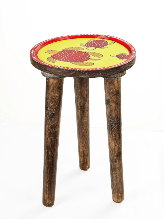 Aarunya Mango Wood Side Stool – Gond Art Yellow Base (Turtle)