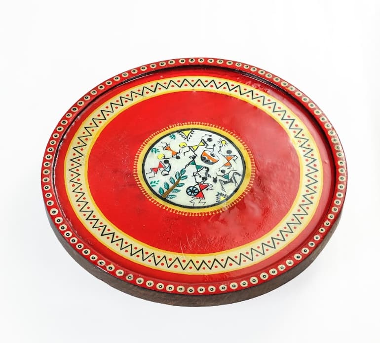 Aarunya Mango Wood Side Stool – Worli Red & White