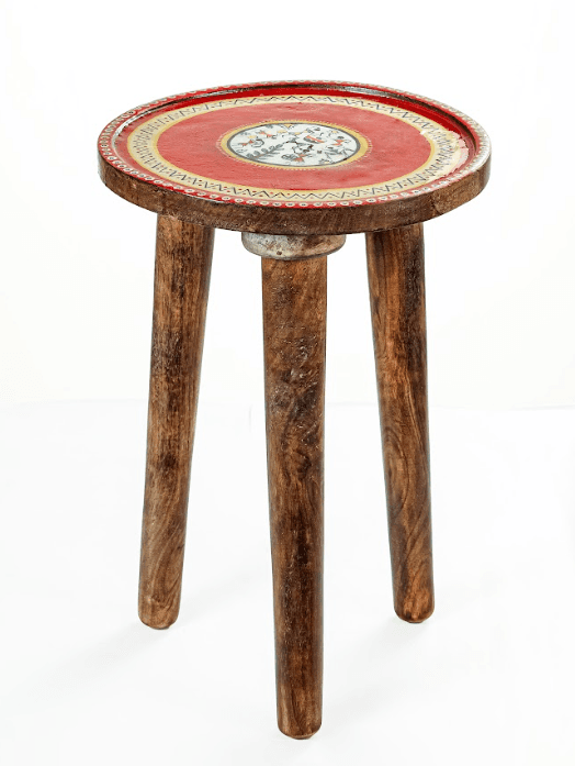 Aarunya Mango Wood Side Stool – Worli Red & White