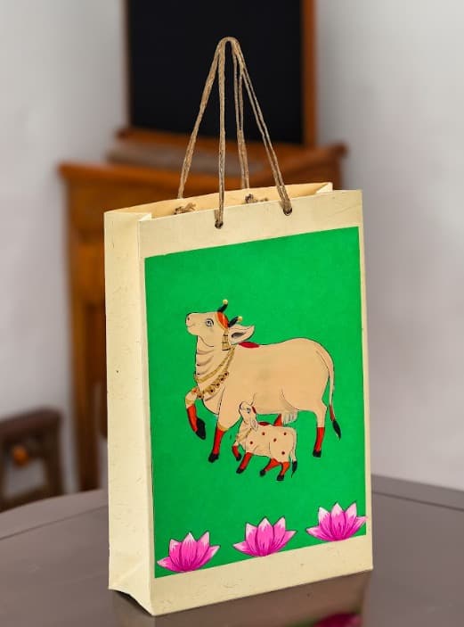 Sanskriti Pichwai Art Gift Bag – Green Base Cow And Calf (Tall)