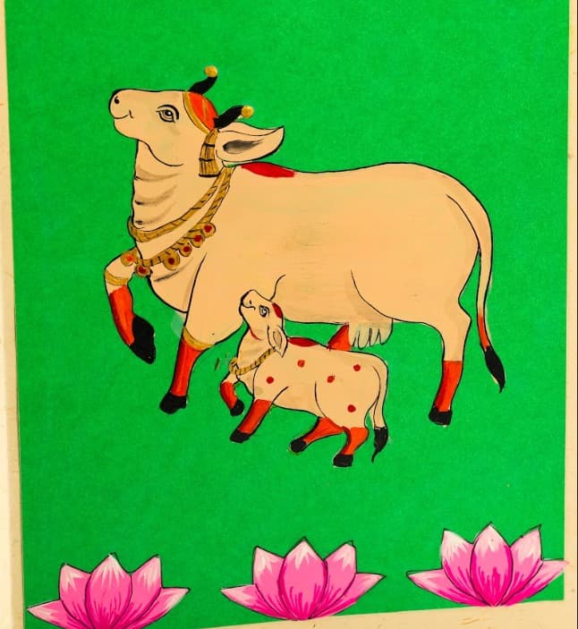 Sanskriti Pichwai Art Gift Bag – Green Base Cow And Calf (Tall)