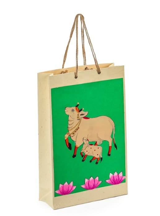 Sanskriti Pichwai Art Gift Bag – Green Base Cow And Calf (Tall)