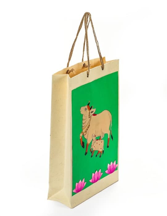 Sanskriti Pichwai Art Gift Bag – Green Base Cow And Calf (Tall)