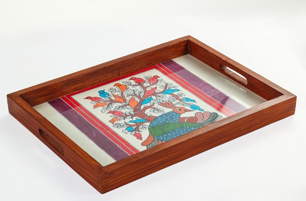 Rangriti Teak Wood Tray With 4 Coasters – Gond Peacock