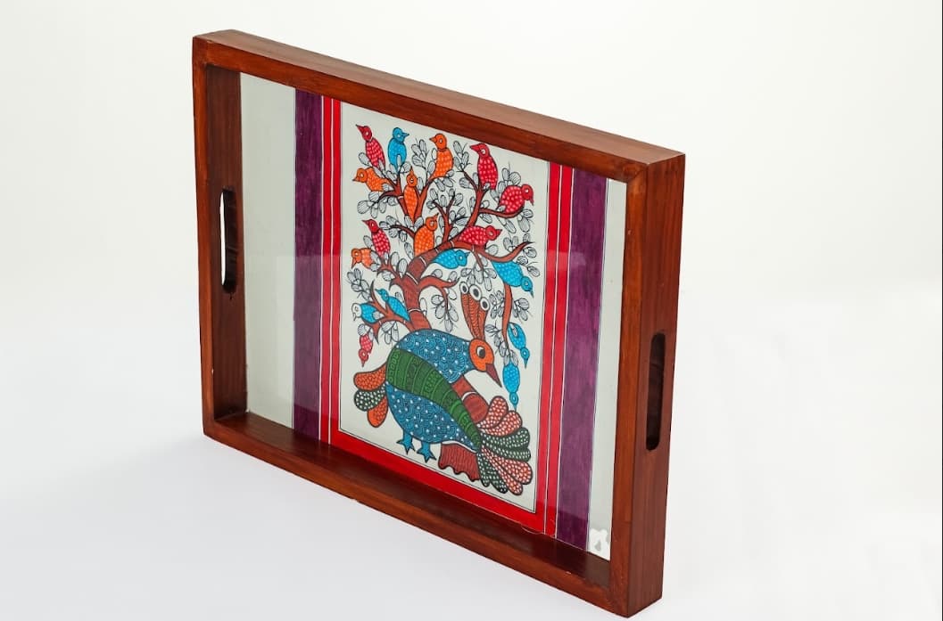Rangriti Teak Wood Tray With 4 Coasters – Gond Peacock