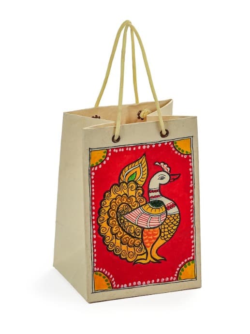 Sanskriti Kalamkari Gift Bag – Orange Base Peacock (Small)