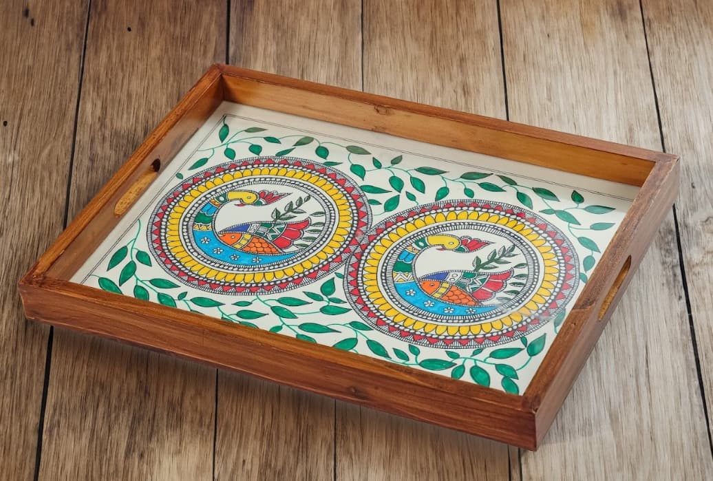 Rangriti Teak Wood Tray – Madhubani Two Peacock Circle