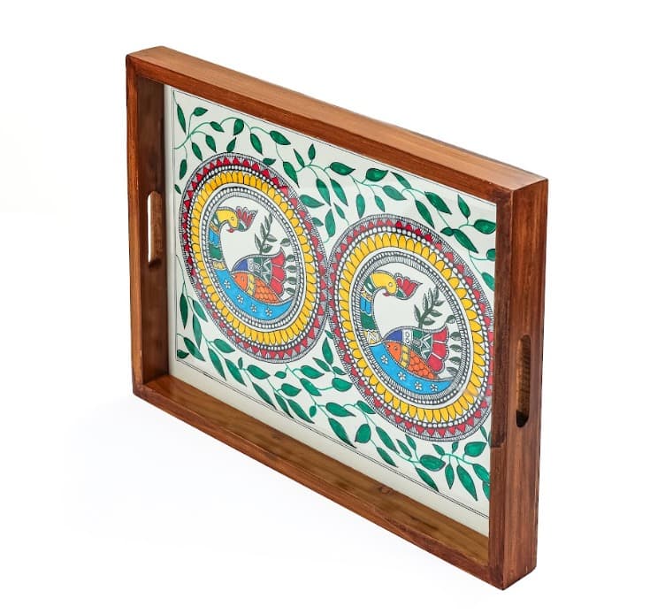 Rangriti Teak Wood Tray – Madhubani Two Peacock Circle
