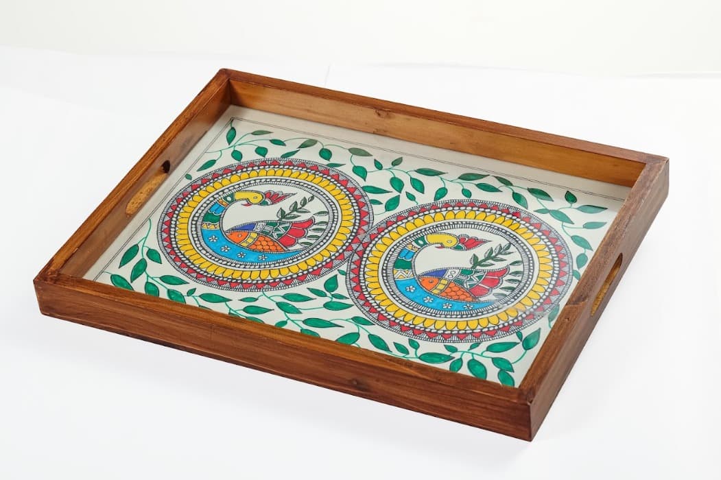 Rangriti Teak Wood Tray – Madhubani Two Peacock Circle