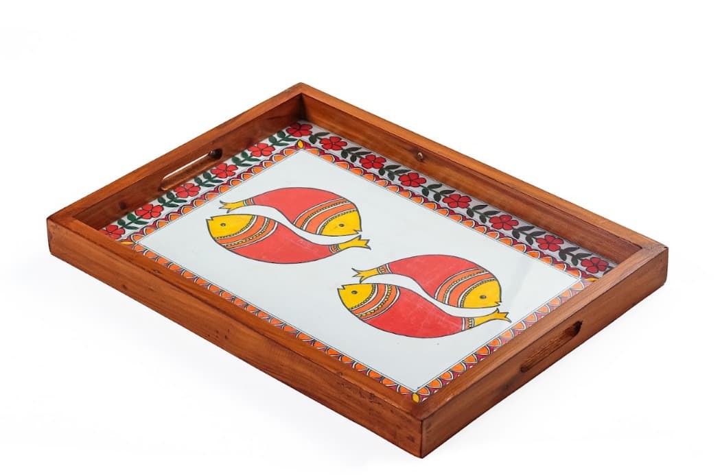 Rangriti Teak Wood Tray With Coasters – Madhubani Red Fish Pair Of Two