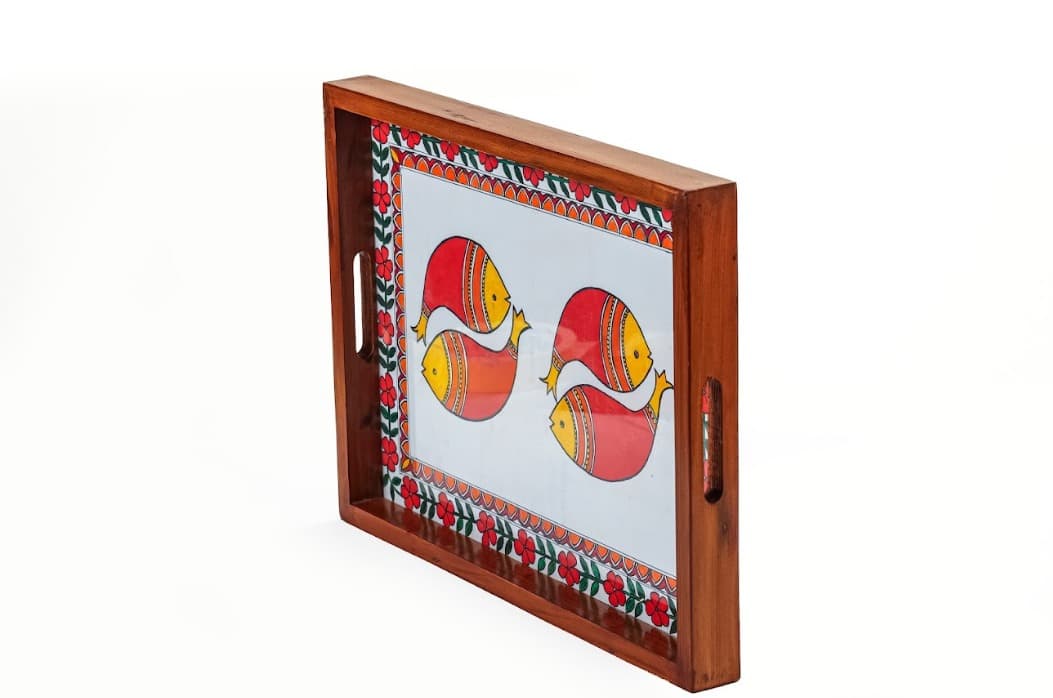 Rangriti Teak Wood Tray With Coasters – Madhubani Red Fish Pair Of Two
