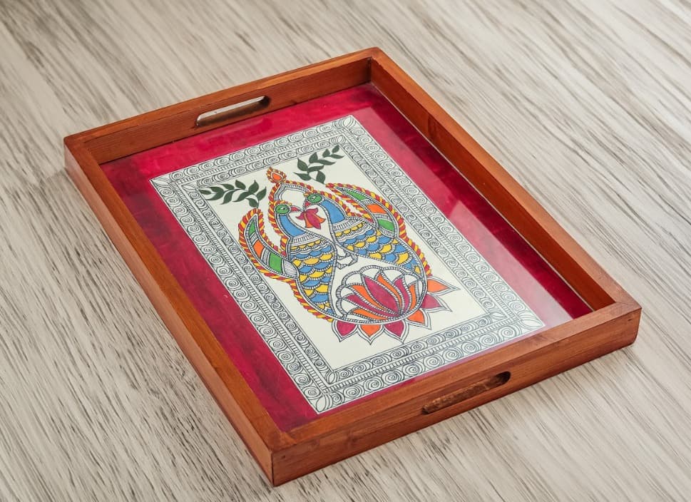 Rangriti Teak Wood Tray – Madhubani Pair Of Peacock