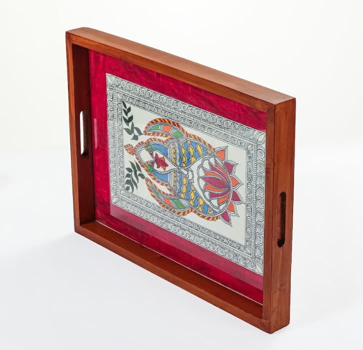 Rangriti Teak Wood Tray – Madhubani Pair Of Peacock