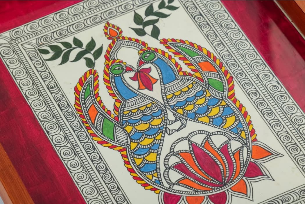 Rangriti Teak Wood Tray – Madhubani Pair Of Peacock