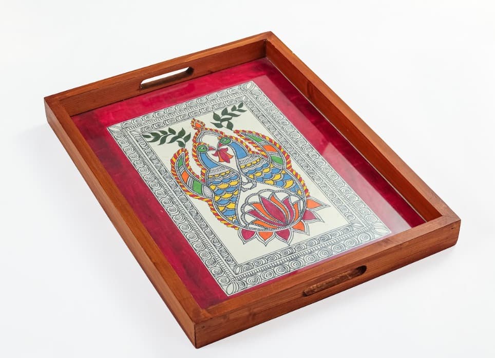 Rangriti Teak Wood Tray – Madhubani Pair Of Peacock