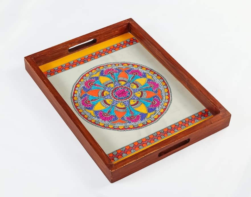 Rangriti Teak Wood Tray With Coasters – Madhubani Circle Fish Motif