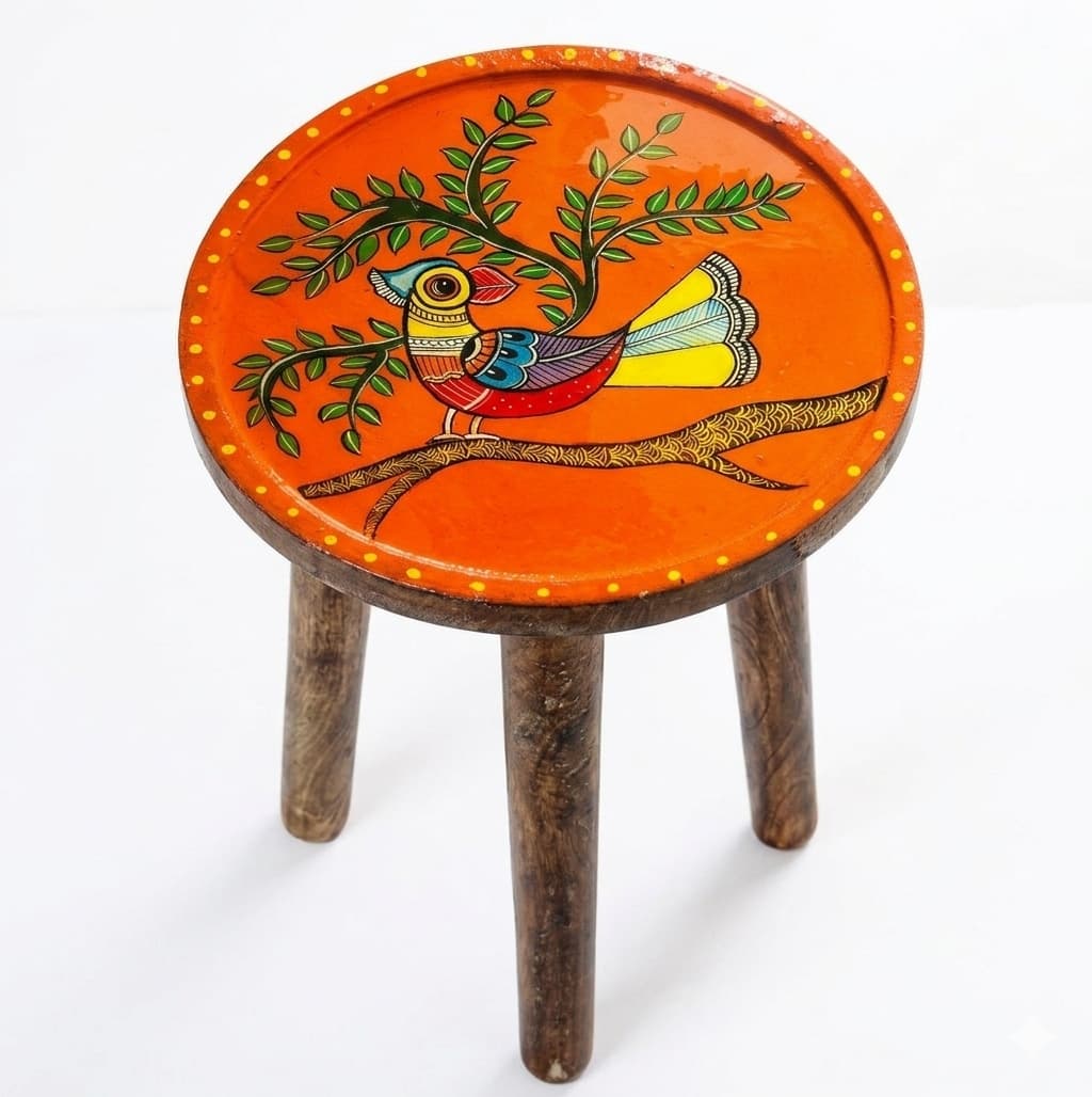 Aarunya Mango Wood Side Stool – Gond Art Orange Base (Bird On Tree)