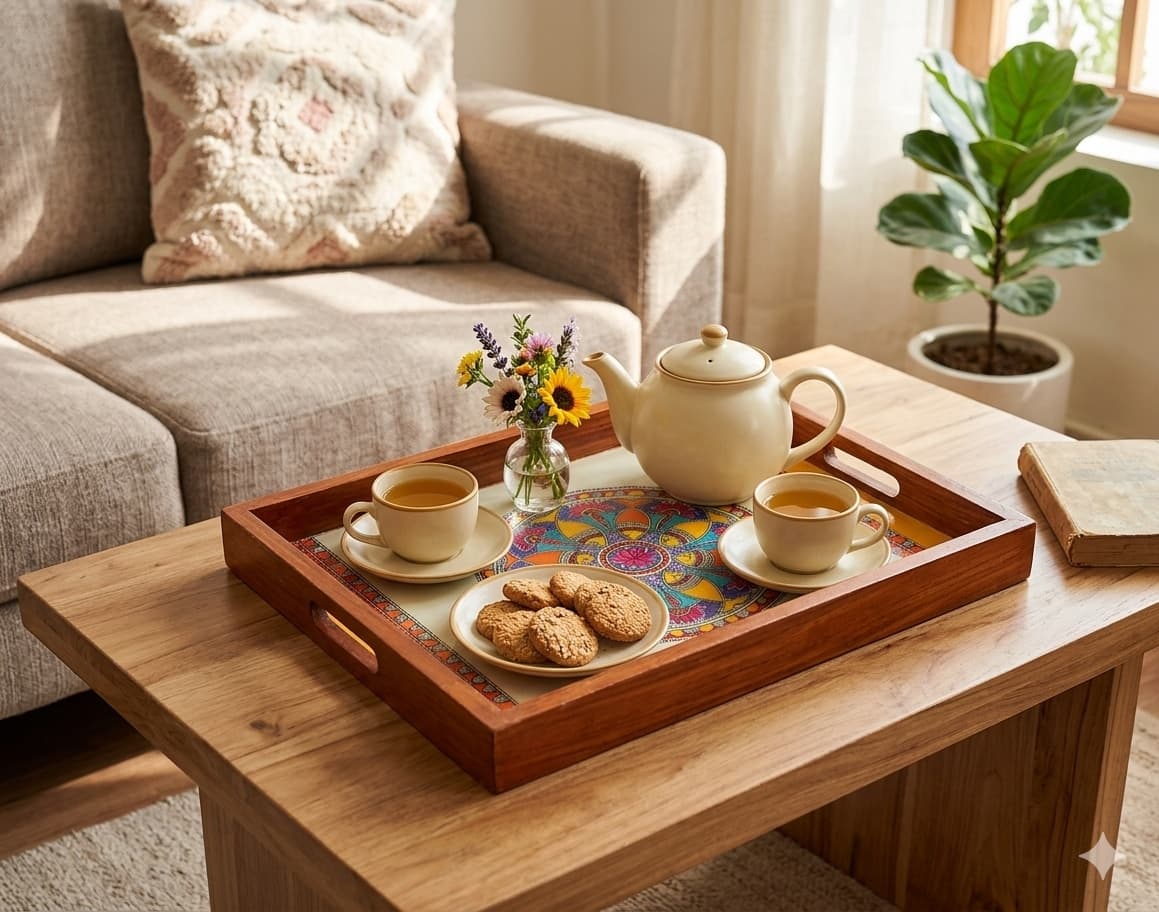Rangriti Teak Wood Tray With Coasters – Madhubani Circle Fish Motif