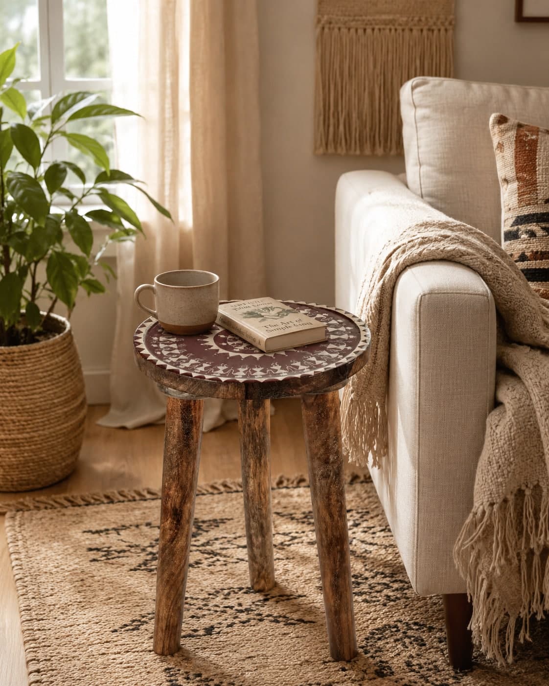 Aarunya Mango Wood Side Stool – Worli Brown & White