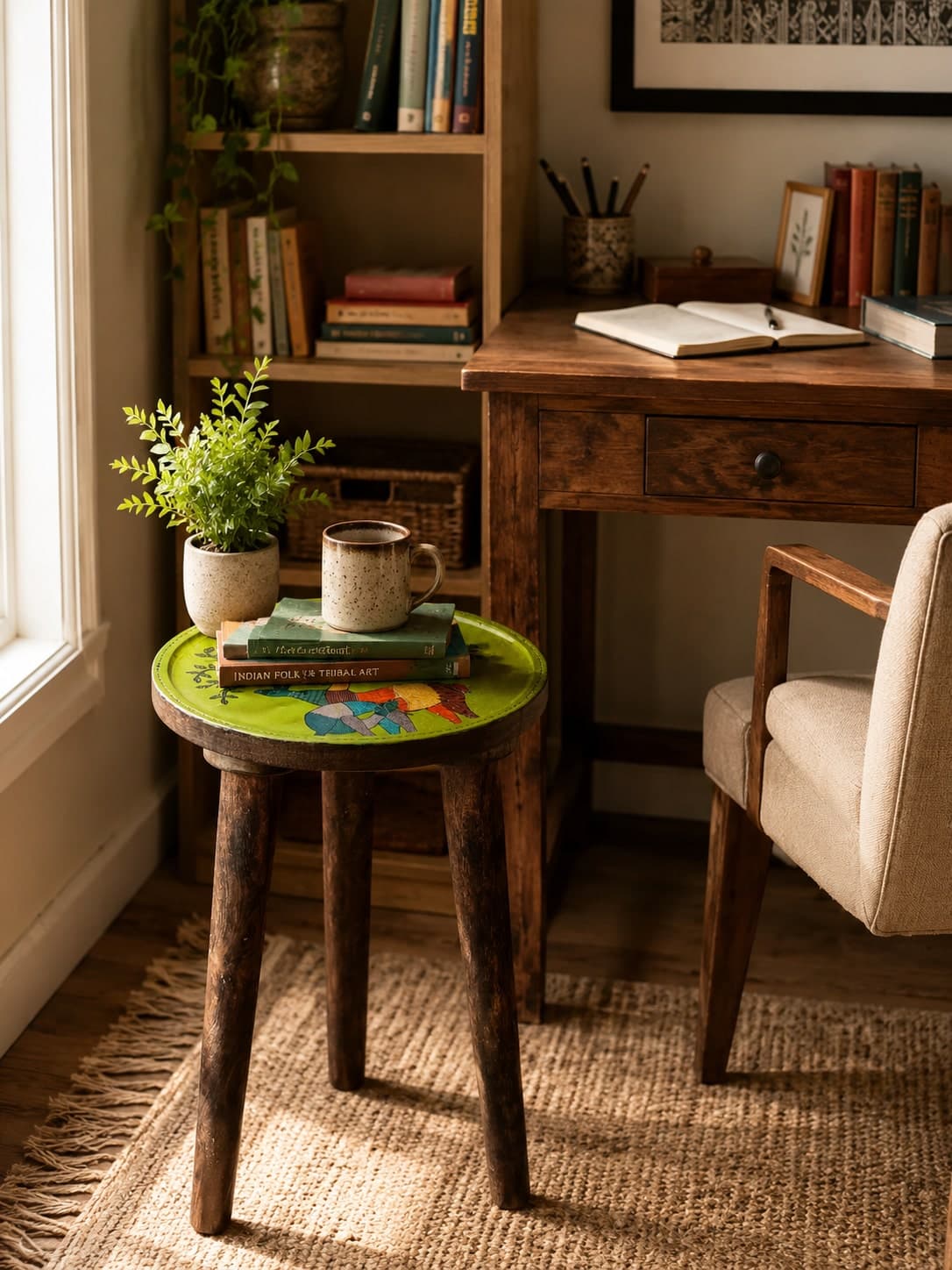 Aarunya Mango Wood Side Stool – Gond Art Green Base (Deer)