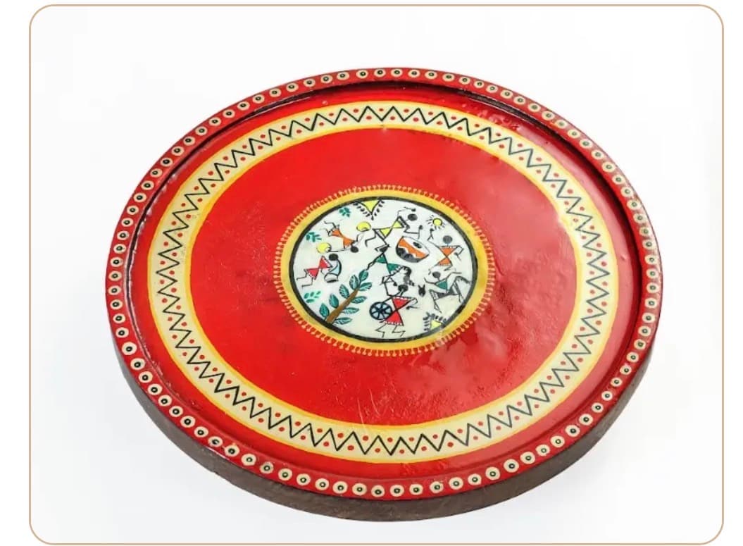 Aarunya Mango Wood Side Stool – Worli Red & White