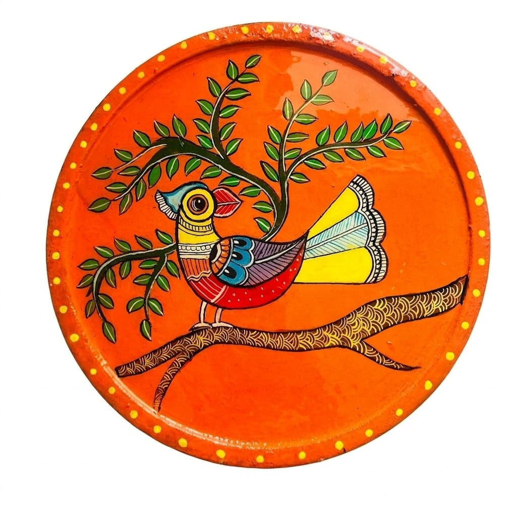 Aarunya Mango Wood Side Stool – Gond Art Orange Base (Bird On Tree)