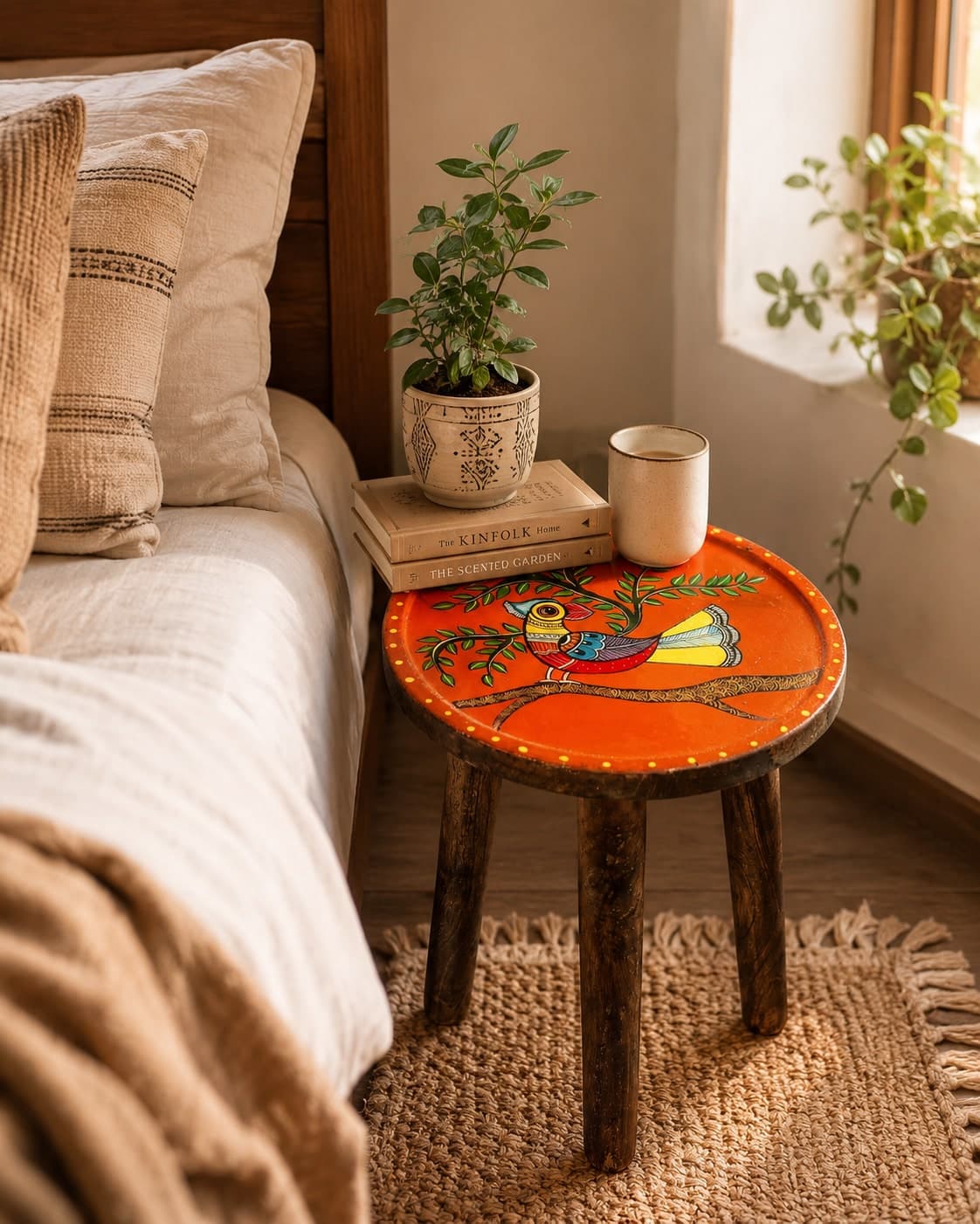 Aarunya Mango Wood Side Stool – Gond Art Orange Base (Bird On Tree)