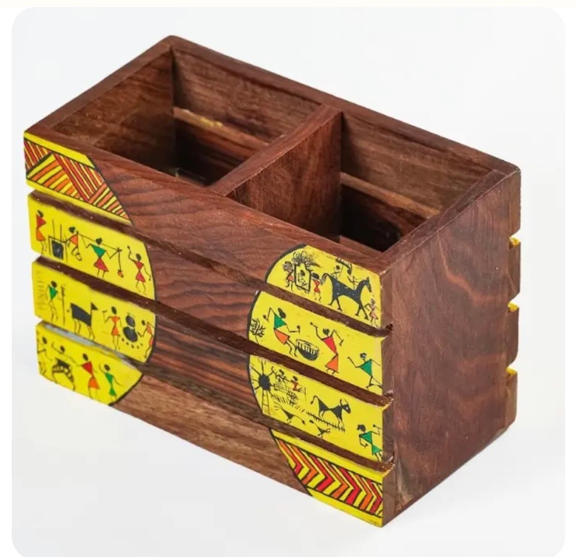 Aalokya Teak Wood Cutlery Holder – Worli Yellow (Small)