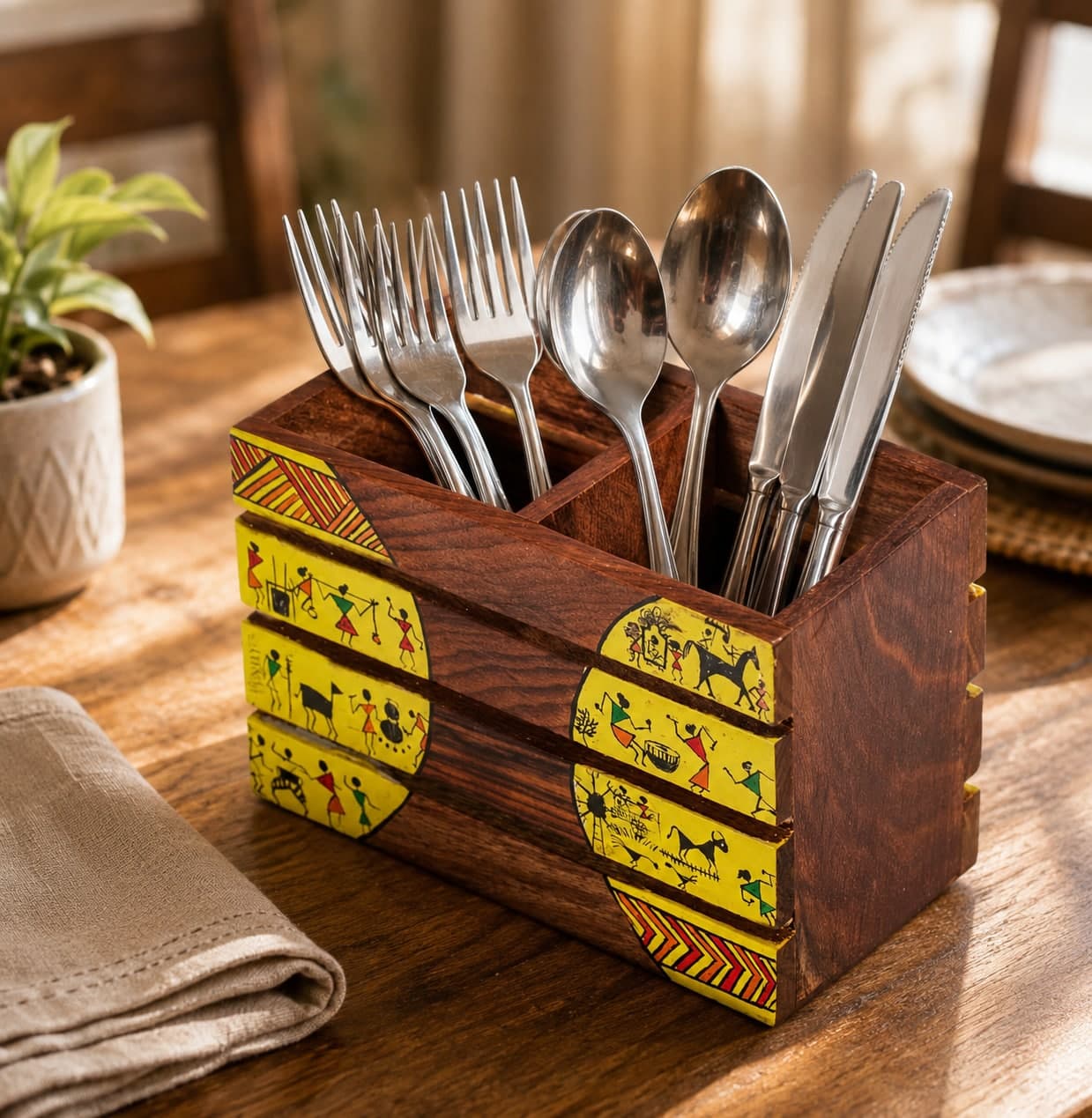 Aalokya Teak Wood Cutlery Holder – Worli Yellow (Small)