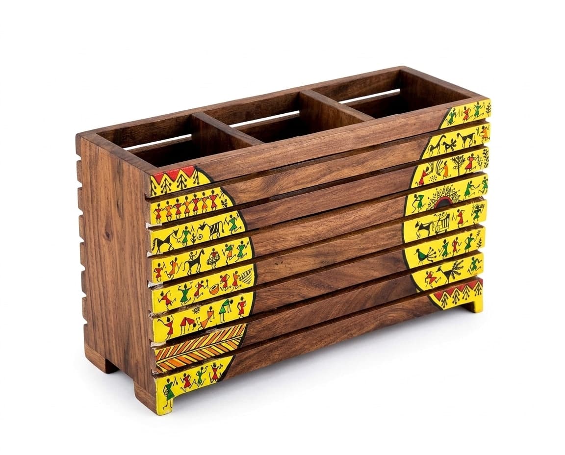 Aalokya Teak Wood Cutlery Holder – Worli Yellow (Big)