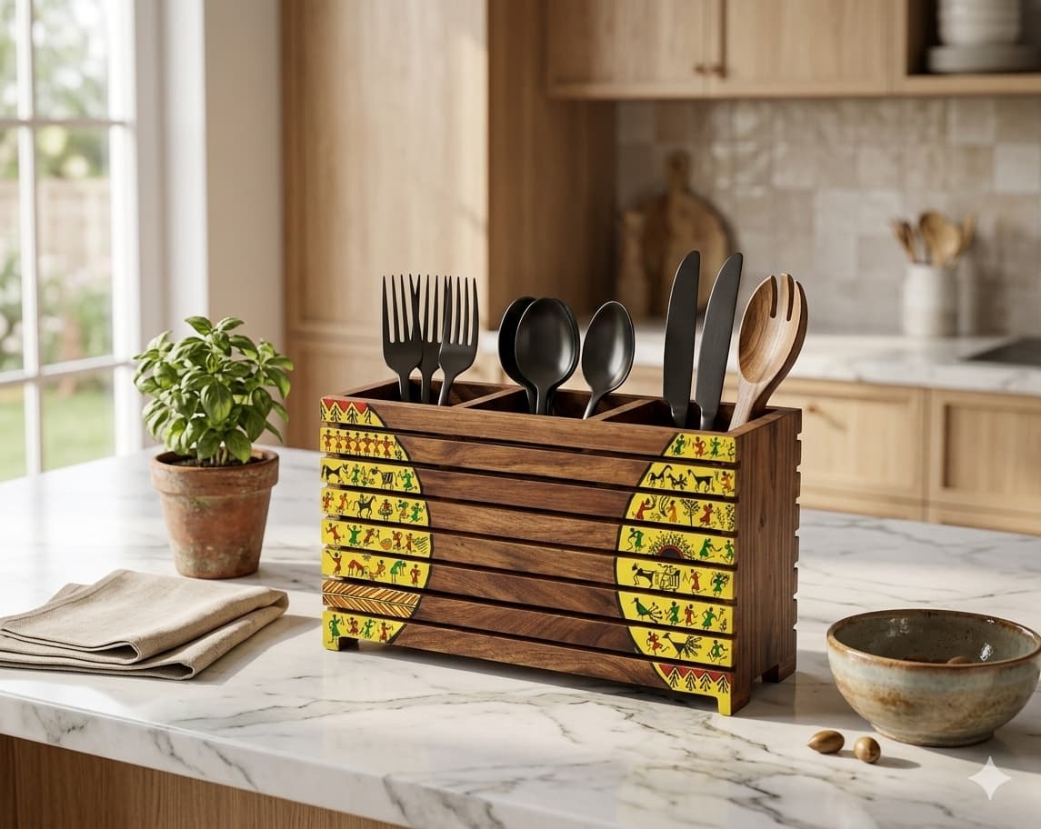 Aalokya Teak Wood Cutlery Holder – Worli Yellow (Big)