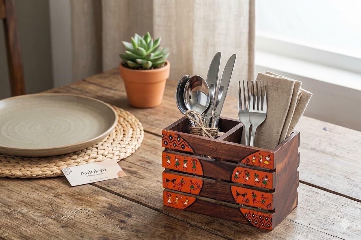 Aalokya Teak Wood Cutlery Holder – Worli Orange (Small)