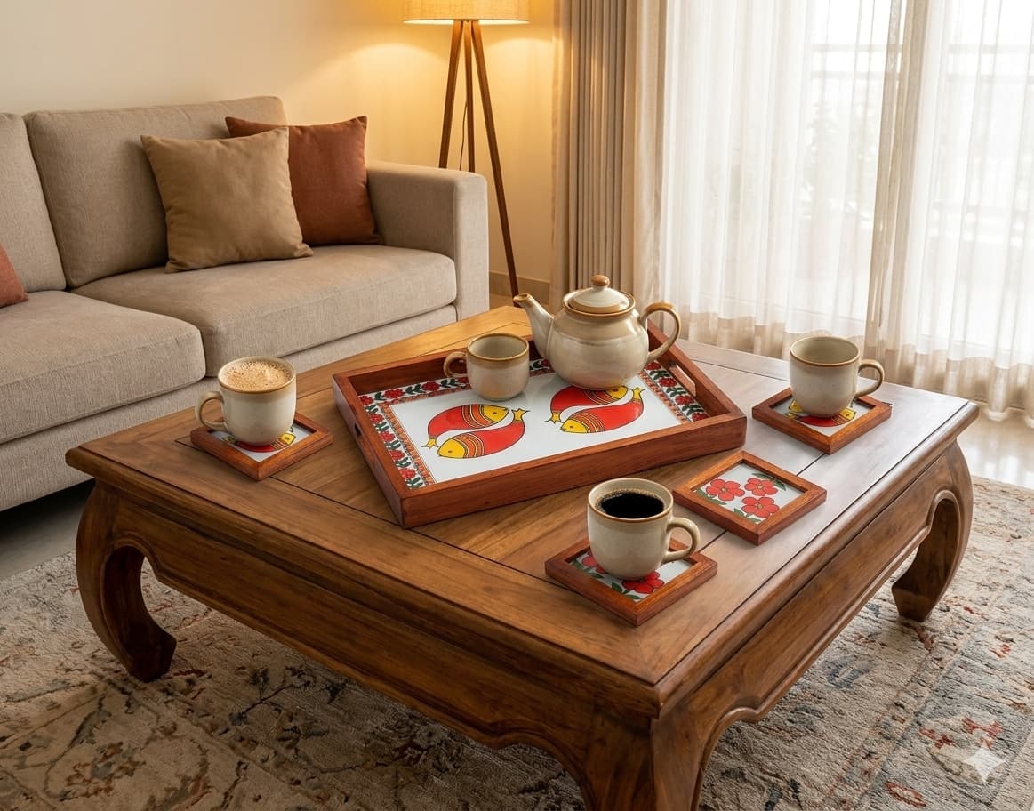 Rangriti Teak Wood Tray With Coasters – Madhubani Red Fish Pair Of Two