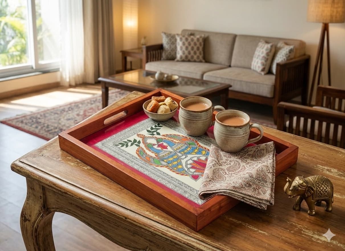 Rangriti Teak Wood Tray – Madhubani Pair Of Peacock
