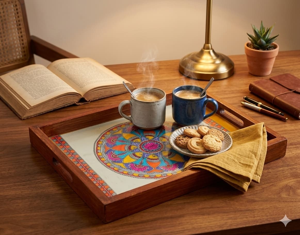 Rangriti Teak Wood Tray With Coasters – Madhubani Circle Fish Motif