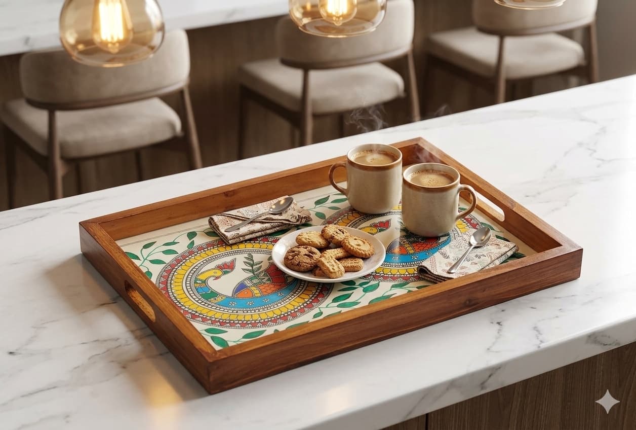 Rangriti Teak Wood Tray – Madhubani Two Peacock Circle