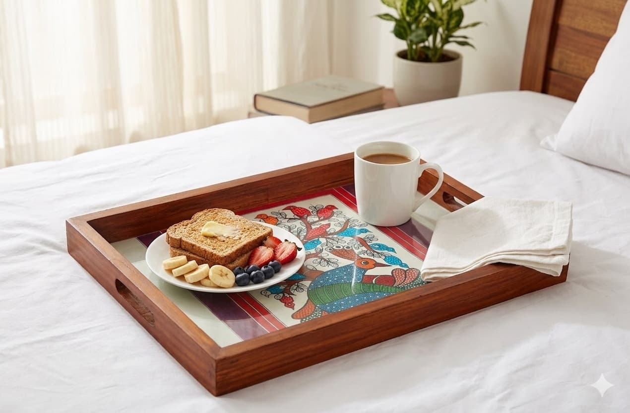 Rangriti Teak Wood Tray With 4 Coasters – Gond Peacock
