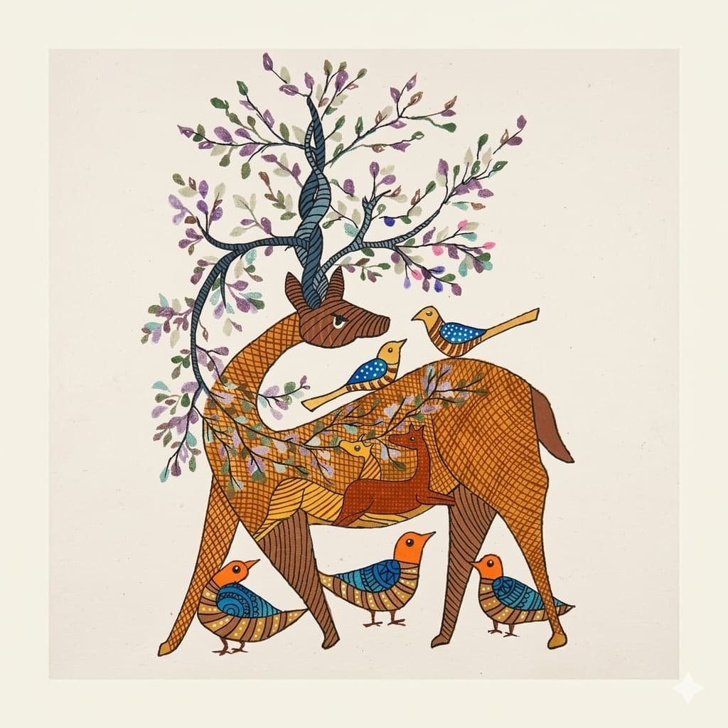 Tree of Life Deer – Traditional Gond Painting 