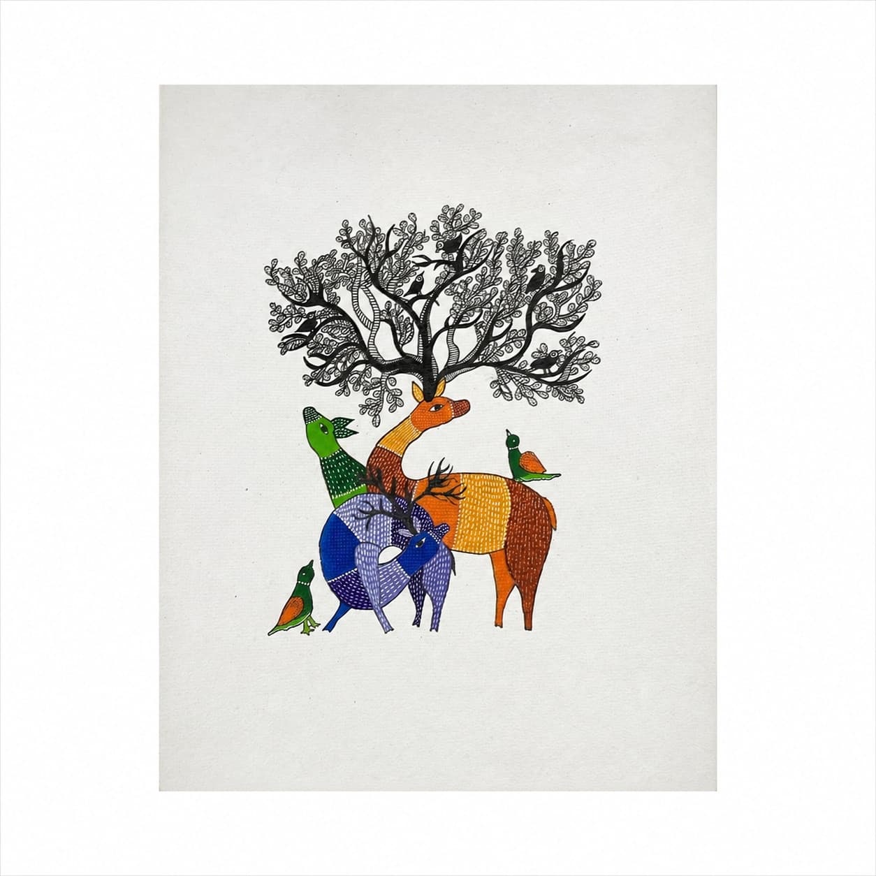 Forest Souls — Deer & Bird Symphony Original Gond Art on Handmade Paper
